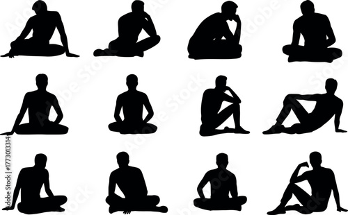 Silhouette collection of men sitting in various poses for meditation or thought