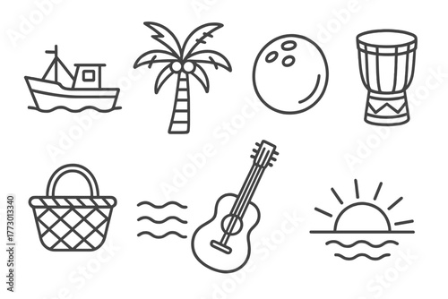 Caribbean Icon Sketches. Line style icons of Caribbean Life: Fishing Boat, Palm Tree, Coconut, Drum, Market Basket, Waves, Guitar,