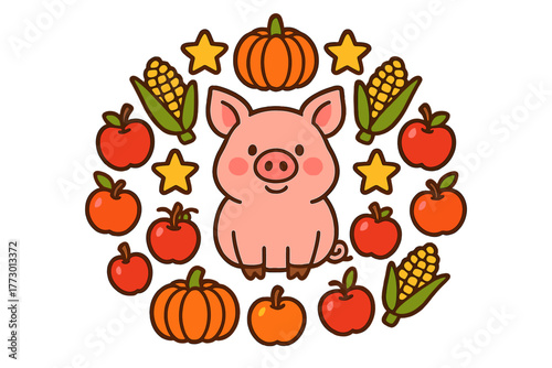Farm Mandala Fun. Pig in the middle with corn, pumpkins, apples, and stars arranged in playful farm mandala, bright colorful