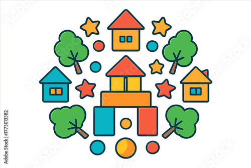 Toy Mandala Creation. Building blocks in the center with toy houses, trees, balls, and stars forming a constructive mandala