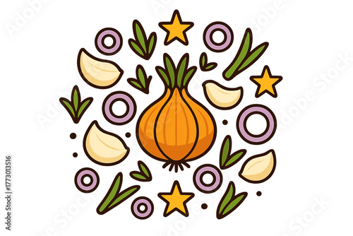 Onion Garlic Mandala. Onion in the center with garlic cloves, sprouts, rings, and stars arranged in flavorful mandala symmetry,