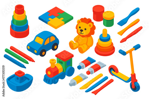 Creative Kids Playtime. Isometric vector illustration set Creative Kids and Play: stacking cups, puzzle blocks, paint jars, toy