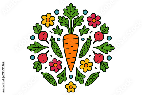 Vegetable Mandala Design. Carrot in the center with leaves, radishes, peas, and flowers arranged in a circular vegetable mandala