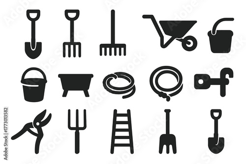 Farm Tools Icons. Solid style icons of Farm tools: shovel, pitchfork, rake, wheelbarrow, bucket, feeding trough, rope, gate latch,