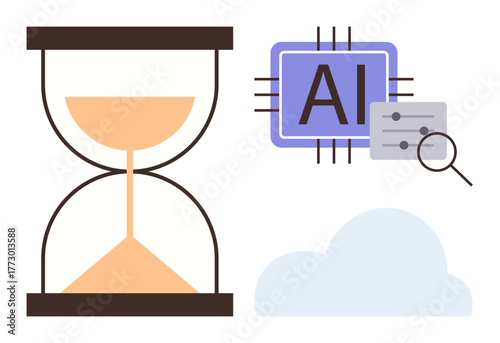 Hourglass with flowing sand beside AI chip with controls and magnifier, above a cloud. Ideal for technology, innovation, time, data processing, artificial intelligence, future, efficiency themes