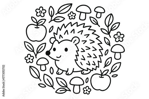 Hedgehog Nature Mandala. Hedgehog in the middle with apples, mushrooms, leaves, and small flowers arranged in circular form, black