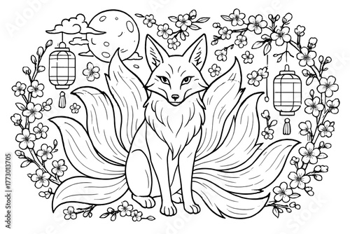 Kitsune Moonlit Serenity. Kitsune fox spirit with nine tails surrounded by floating lanterns, cherry blossoms, and moonlight,
