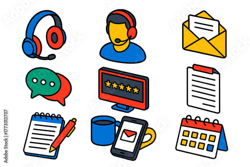 Support Icons Collection. Isometric vector illustration set headset, support agent, email, messaging, feedback, inquiry: over-ear