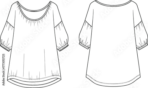 technical blouse sketch, front and back view, scoop neckline design, puff sleeve detail, curved hem silhouette, fashion illustration, garment template