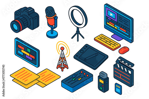 Media Creation Tools. Isometric vector illustration set Media Creation and Publishing: DSLR camera, podcast mic, ring light,