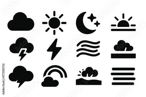 Air and Sky Icons. Solid style icons of Air and sky environment: clouds, sun, moon, stars, wind currents, thunderstorm, lightning,
