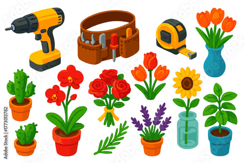 Vibrant Tool and Plant Set. Isometric vector illustration set featuring tools and plants: cordless drill, tool belt, measuring