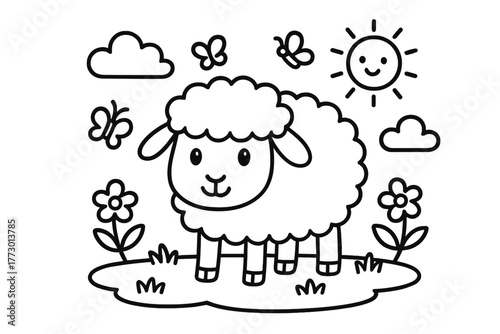 Playful Sheep Coloring. A cute sheep in a playful scene with friendly details, black and white line art, children’s coloring book