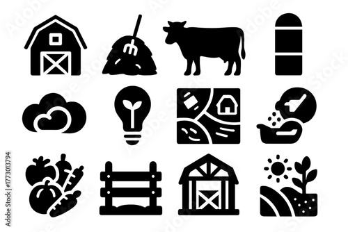 Farm Iconic Elements. Solid style icons of Farm inspiration: barn sketch, haystack layout, animal drawing, storage plan, creative