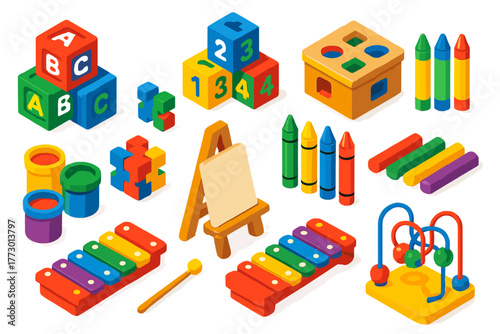 Colorful Kids' Toys. Isometric vector illustration set abc blocks, puzzles, crayons, and more: pastel ABC blocks, number blocks,