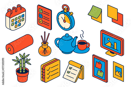 Productivity Essentials Icons. Isometric vector illustration set Productivity and Mindfulness: calendar ring, task tracker,
