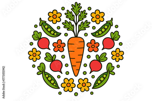 Vegetable Mandala Design. Carrot in the center with leaves, radishes, peas, and flowers arranged in a circular vegetable mandala