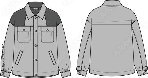 technical jacket sketch, front and back view, button-up design, chest and side pockets, contrast yoke detail, fashion illustration, garment template