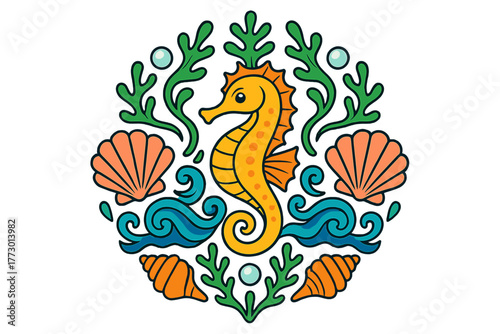 Seahorse Marine Mandala. Seahorse in the middle with shells, pearls, algae, and waves arranged in graceful marine mandala symmetry