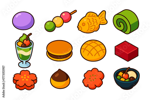 Sweet Treats Collection. Isometric vector illustration set sweet treats collection: mochi ball, daifuku, dango skewers, taiyaki
