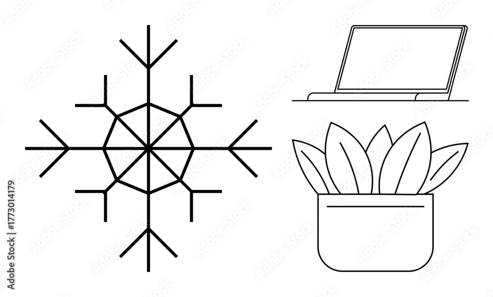 Obraz premium Geometric snowflake, open laptop, and potted plant in clean line art. Ideal for winter themes, technology, creativity, eco-consciousness, minimalism digital work and lifestyle concepts. Simple flat