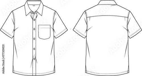 technical shirt sketch, front and back view, short sleeve button-up design, chest pocket detail, collar neckline, fashion illustration, garment template