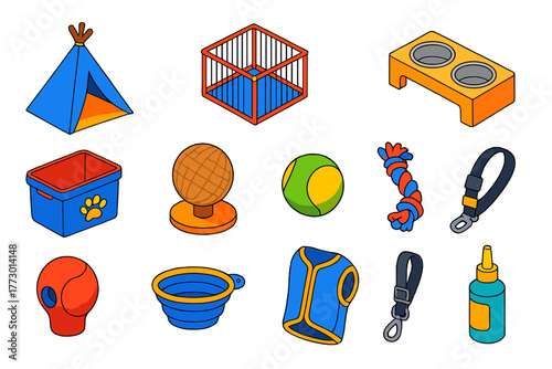 Pet Play Essentials. Isometric vector illustration set designs for dog and cat lovers: pet teepee tent, indoor playpen, elevated