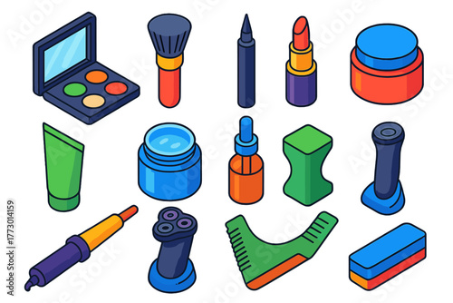 Vibrant Beauty Essentials. Isometric vector illustration set Makeup, Skincare, and Grooming: color corrector palette, stippling