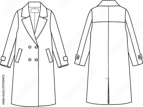 technical overcoat sketch, front and back view, double-breasted design, notched lapel collar, strap sleeve detail, fashion illustration, garment template