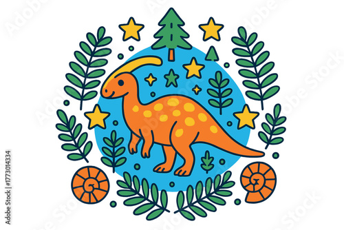 Parasaurolophus Mandala Art. Parasaurolophus in the center with ferns, stars, trees, and fossil shells radiating outward in
