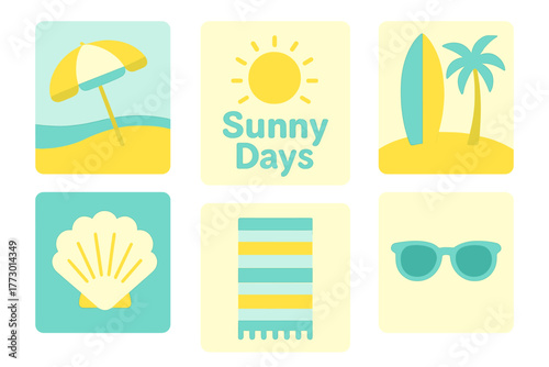 Bright and cheerful summer icons featuring sun, beach elements, and leisure items for sunny days by the ocean