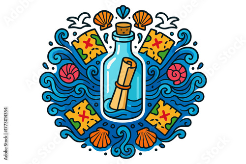 Ocean Mandala Design. Message in a bottle in the middle with maps, shells, waves, and seagulls radiating outward in ocean mandala
