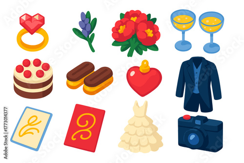 Colorful Wedding Icons. Isometric vector illustration set rings, flowers, heart, toast, cake, card, dress, camera: heart-shaped