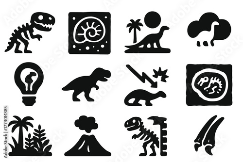 Dinosaur Icons Collection. Solid style icons of Dinosaur inspiration: skeleton sketch, fossil pattern, prehistoric scene, creative