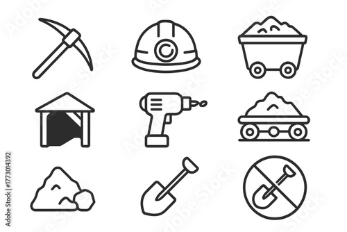 Coal Mining Icons. Line style icons of Coal Mining: Pickaxe, Helmet, Rail Cart, Mine Shaft, Drill, Conveyor Belt, Pile of Coal,