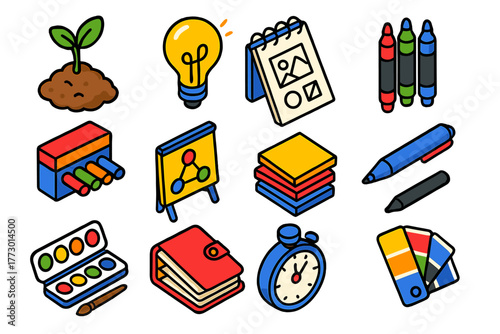 Creative Growth Set. Isometric vector illustration set growth and creativity: plant with soil, concept light bulb, sketchpad with