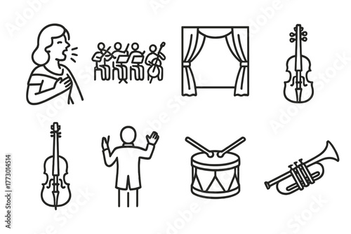 Opera and Symphony Icons. Line style icons of Opera and Symphony: Singer, Orchestra, Curtain, Violin, Cello, Conductor, Drum,