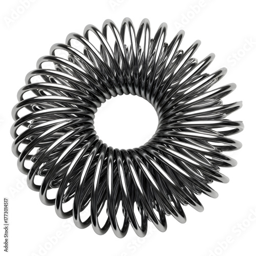 Metal spring torus abstract shiny steel wire structure isolated on white background