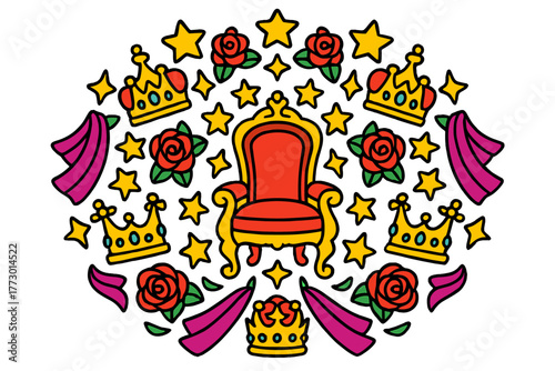 Regal Mandala Design. Royal throne in the center with crowns, stars, roses, and curtains radiating outward in symmetrical mandala
