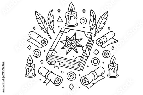 Spellbook Mandala Design. Ancient spellbook in the center with quills, scrolls, candles, and runes forming a balanced mandala,