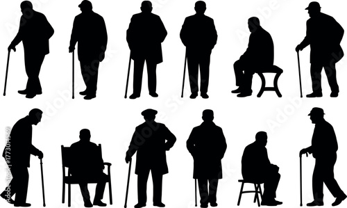 Silhouette of Elderly Men with Canes Sitting Standing and Walking