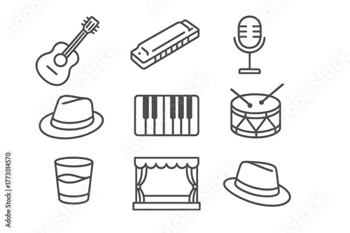 Blues Instrument Icons. Line style icons of Blues: Guitar, Harmonica, Microphone, Hat, Piano, Drum, Glass, Stage, No text, No