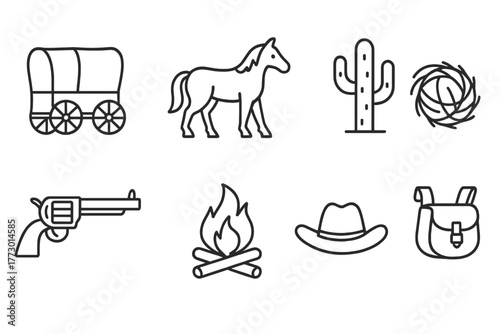 Prairie Adventure Icons. Line style icons of Prairie Adventure: Wagon, Horse, Cactus, Tumbleweed, Revolver, Campfire, Cowboy Hat,