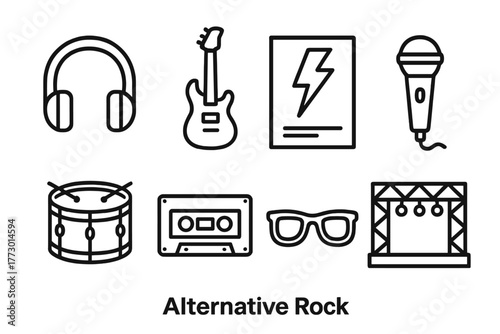 Alternative Rock Icons. Line style icons of Alternative Rock: Headphones, Guitar, Poster, Microphone, Drum, Cassette, Sunglasses,