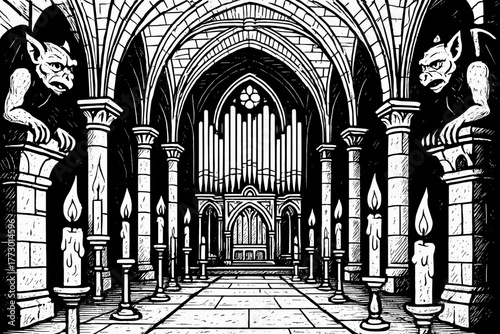 Gothic Cathedral Coloring. Cathedral interior with massive arches, glowing candles, organ pipes, and gargoyles lurking in shadows,