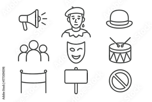 Street Theater Icons. Line style icons of Street Theater: Megaphone, Performer, Hat, Crowd, Mask, Drum, Banner, Sign, No text, No