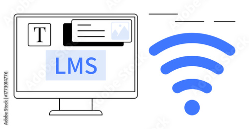 Computer screen with LMS interface, text, and image tools alongside wireless network icon signals. Ideal for education, e-learning, technology, remote work, connectivity, digital platforms