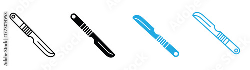 Diverse surgical scalpel designs in line art, silhouette, and cartoon styles