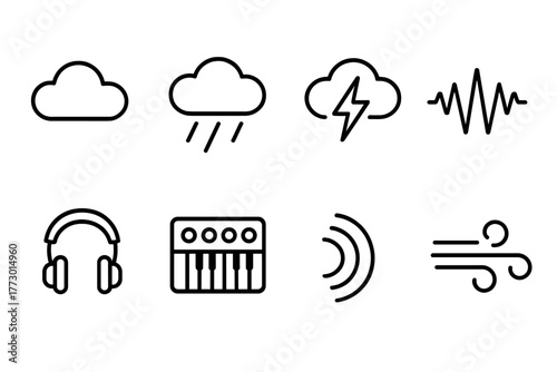 Atmospheric Sound Icons. Line style icons of Atmospheric Sounds: Clouds, Rain, Lightning, Waveform, Headphones, Synthesizer, Echo