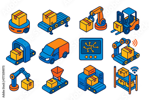 Futuristic Delivery Automation. Isometric vector illustration set delivery and shipping: warehouse robot, automated conveyor,
